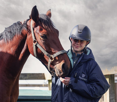 Evolution Women's Warm Waterproof Long Horse Riding Coat Thick Fleece Lining Cosy Fleece Lined Hood in Navy/Jade rider with horse