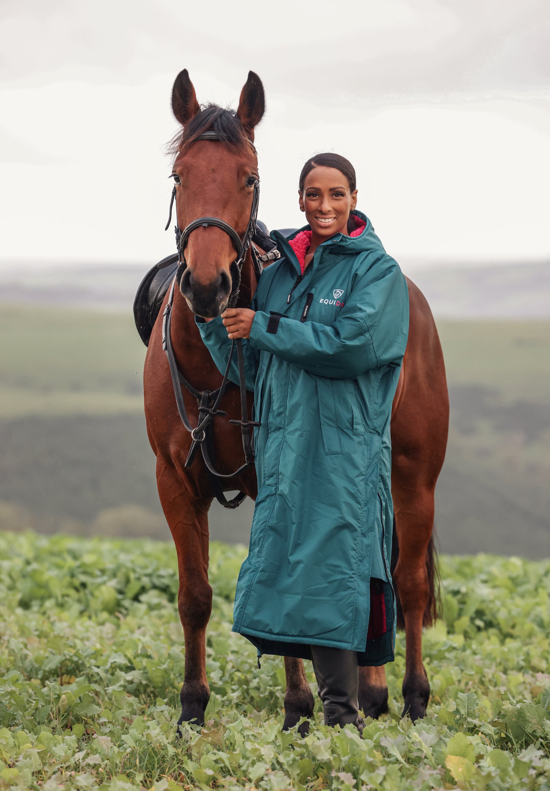 Teal & Pink Long Women's Waterproof EQUIDRY Evolution Coat for Riding