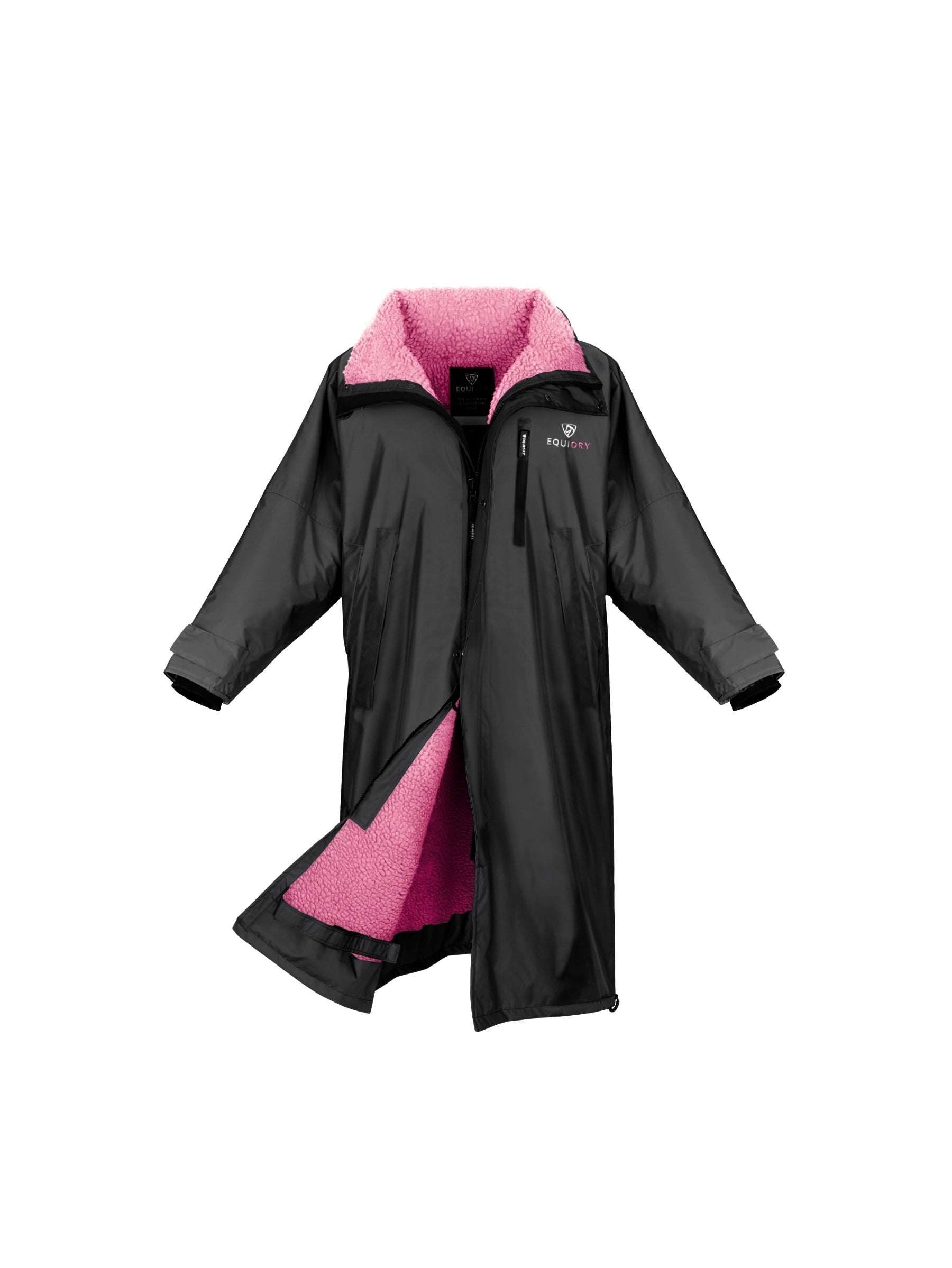 EQUIDRY Evolution Pro women's Warm Waterproof Horse Riding Coat Thick Fleece Lining Stowaway Hood in black/peacock pink 