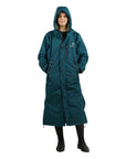 EQUIDRY women's thin fleece long waterproof horse riding coat in teal/grey studio closed 