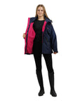 Shortie Child's Oversized Short Waterproof blouson style Riding Jacket Thin Fleece Lining Stowaway Hood in navy/raspberry open lining