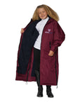 EQUIDRY women's long waterproof horse riding coat in plum/navy front inner lining 