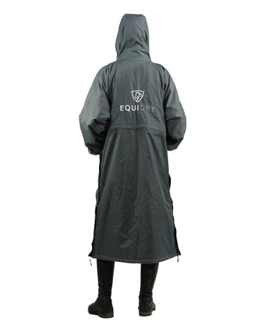 EQUIDRY women's thin fleece long waterproof horse riding coat in charcoal studio hood up behind