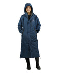 EQUIDRY women's thin fleece long waterproof horse riding coat in steel blue/charcoal hood up studio