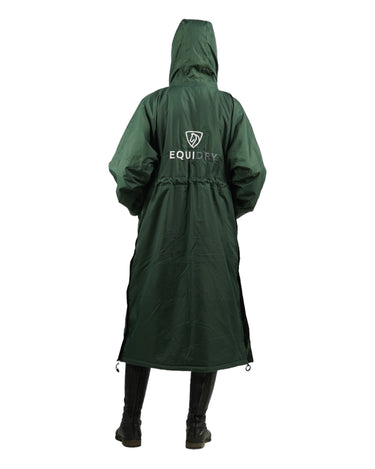 EQUIDRY women's thin fleece long waterproof horse riding coat in black forest green hood up back studio