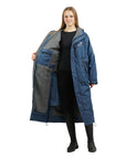 EQUIDRY women's thin fleece long waterproof horse riding coat in steel blue/grey studio open