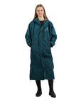 EQUIDRY women's thin fleece long waterproof horse riding coat in teal/grey studio coat open 