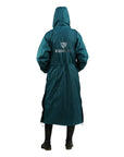 EQUIDRY women's thin fleece long waterproof horse riding coat in teal/grey back view