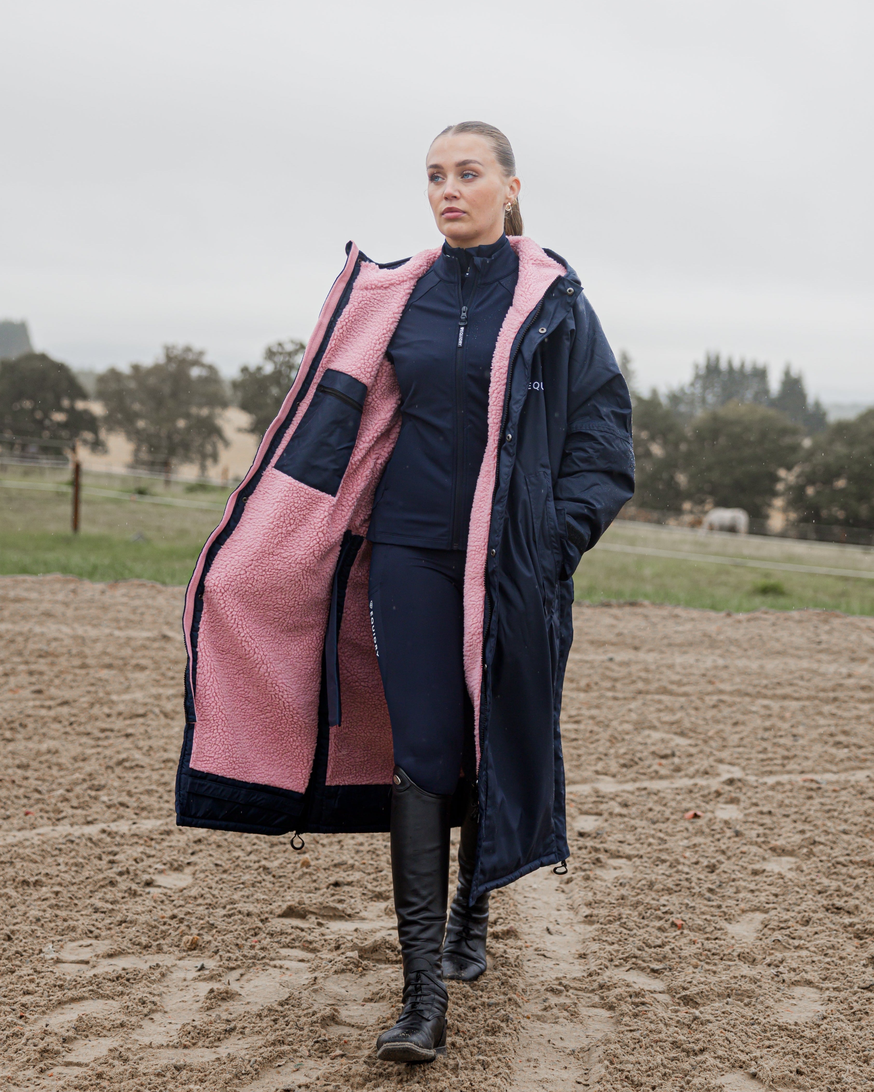Women's EQUIDRY | Long Waterproof Horse Riding Rain Coat | Navy & Pink