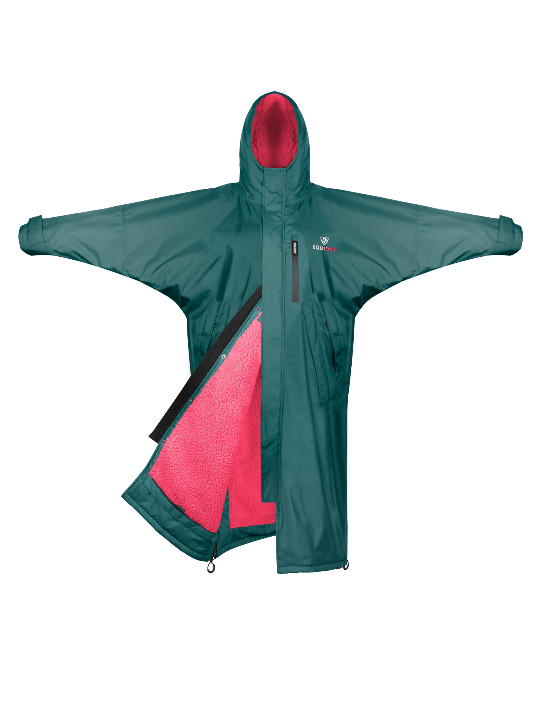 EQUIDRY women&#39;s long waterproof horse riding coat in Teal/Peacock Pink