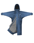 EQUIDRY women's thin fleece stowaway hood long waterproof horse riding coat in steel blue 