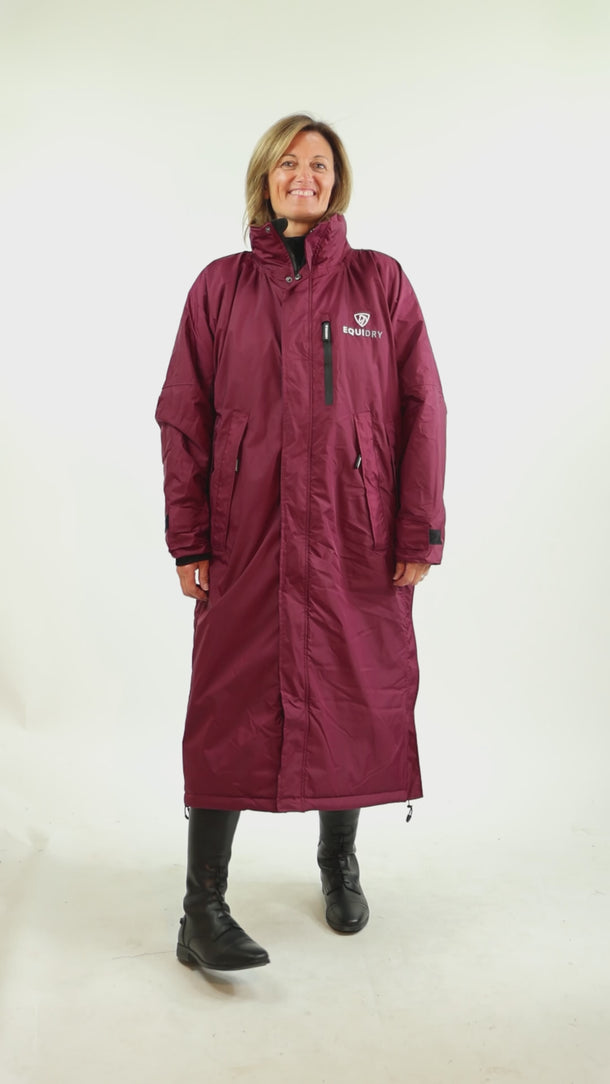 EQUIDRY Evolution Pro women's Warm Waterproof Horse Riding Coat Thick Fleece Lining Stowaway Hood in plum catwalk video 