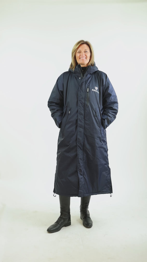 EQUIDRY women's long waterproof horse riding coat in Dark Navy/Navy catwalk video