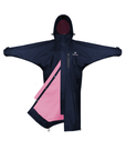 EQUIDRY women's thin fleece stowaway hood long waterproof horse riding coat in navy/penelope pink