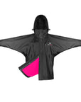 Shortie Child's Oversized Short Waterproof blouson style Riding Jacket Thin Fleece Lining Stowaway Hood in black/peacock pink 