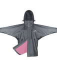 Shortie Child's Oversized Short Waterproof blouson style Riding Jacket Thin Fleece Lining Stowaway Hood in charcoal/penelope pink